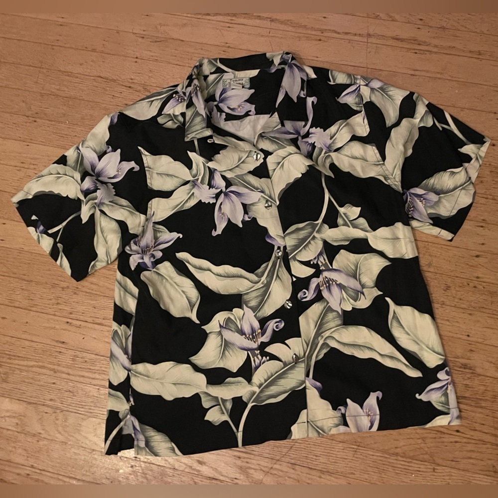 Tommy Bahama Black Floral camp Shirt with light purple flowers and green leaves